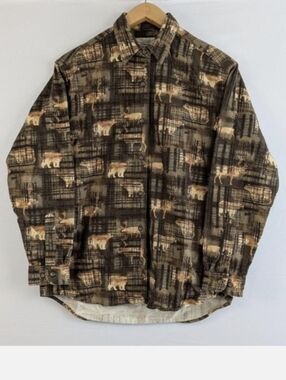 Cabela's Moose Bear Print Button Up Long Sleeve Brown Plaid Cotton Shirt Medium
